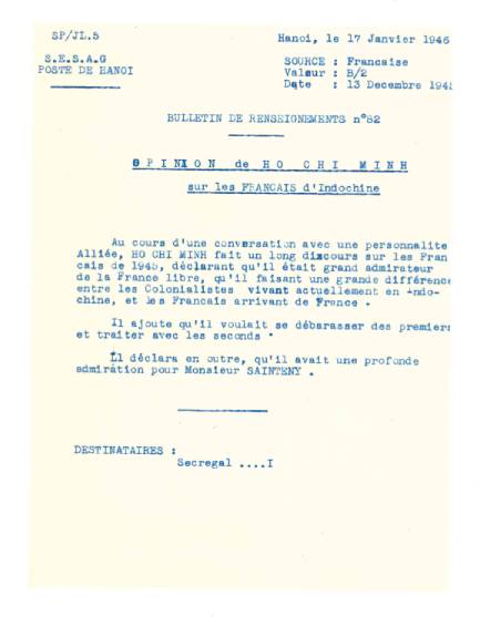 Bulletin de renseignement n°82, 17 janvier 1946. Opinion de Hô Chi Minh sur les Français d’Indochine en décembre 1945 (10 HCI 32 – Dossier de surveillance d’Hô chi Minh, 1945-1948). 