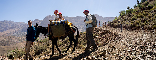 Un trek famille sur les sentiers berbères dans le Haut Atlas avec des mules portant vos bagages. 