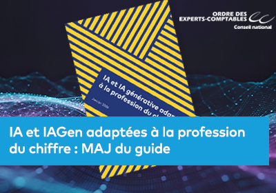 Visuel d’un guide (couverture à rayures diagonales jaunes et bleues) sur un fond abstrait de données et de réseau numérique.
