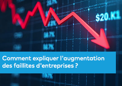 Graphique en rouge avec une flèche descendante et des données financières, symbolisant l’augmentation des faillites.