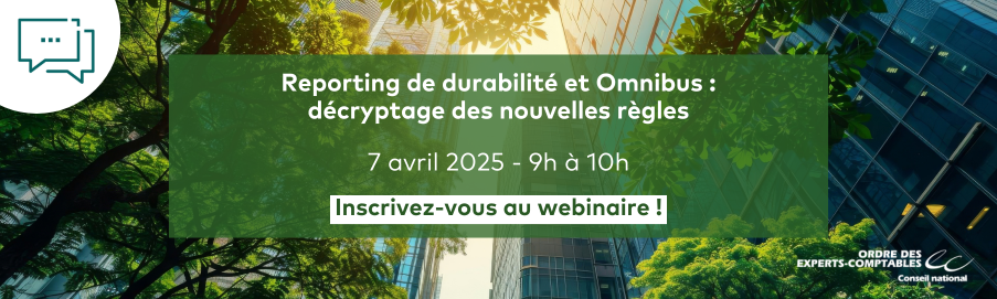 Visuel du webinaire "Reporting de durabilité et Omnibus : décryptage des nouvelles règles" avec en fond Vue urbaine intégrant nature et modernité : des gratte-ciel en verre reflètent la lumière du soleil, entourés de verdure luxuriante, symbolisant le développement durable en milieu urbain.
