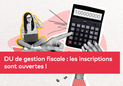Montage graphique avec une femme travaillant sur un ordinateur portable et une main appuyant sur une calculatrice sur un fond créatif.