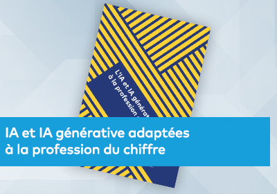 Couverture du document "IA et IA génératives adaptées à la profession du chiffre" et jaune en diagonales, posée sur un fond de réseau numérique vert.