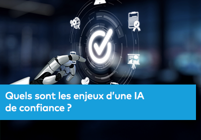 Un bras robotique pointe vers une icône de validation entourée de symboles technologiques.