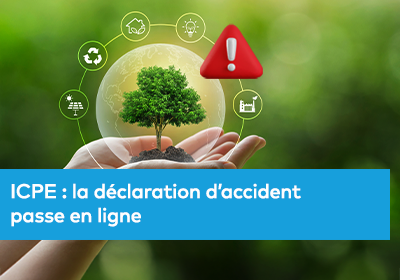 Une main tenant un petit arbre, entouré d’icônes liées à l’environnement et à la sécurité, avec un symbole d’alerte rouge.